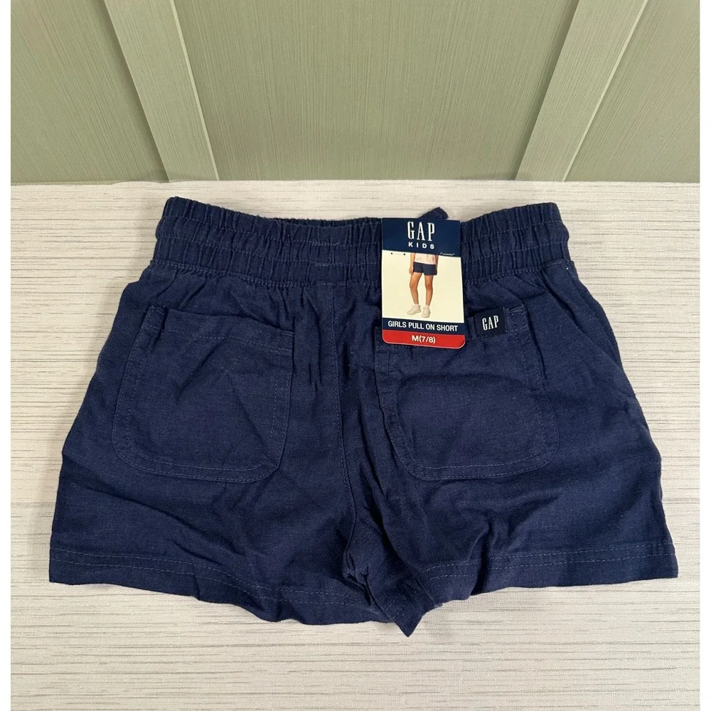 Gap Kids Girls Medium 7/8 Navy Blue Linen Blend Pull On Shorts NWT New